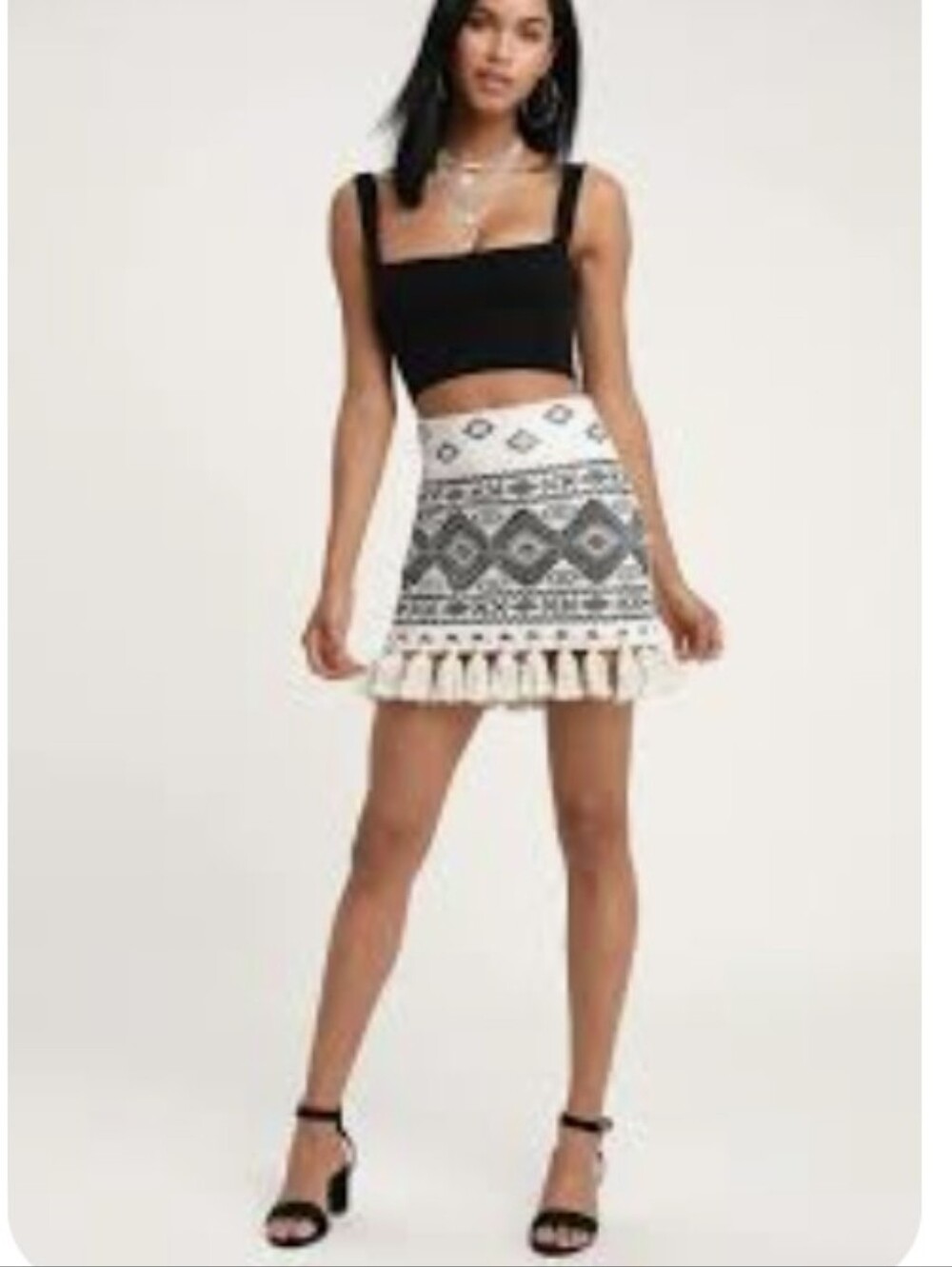 Lulus High-Waist White & Gray Aztec Tassel Mini Skirt